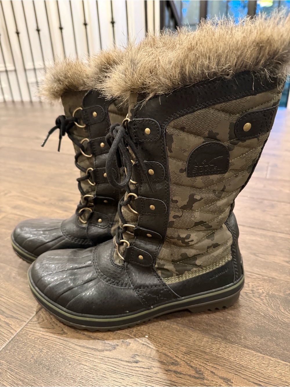 SOREL Women's Joan or Arctic Waterproof Olive Camo Fur-Trim Winter Boots